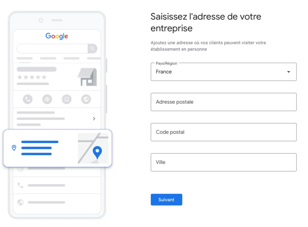 Adresse de l'établissement pour créer une page Google Business Profile