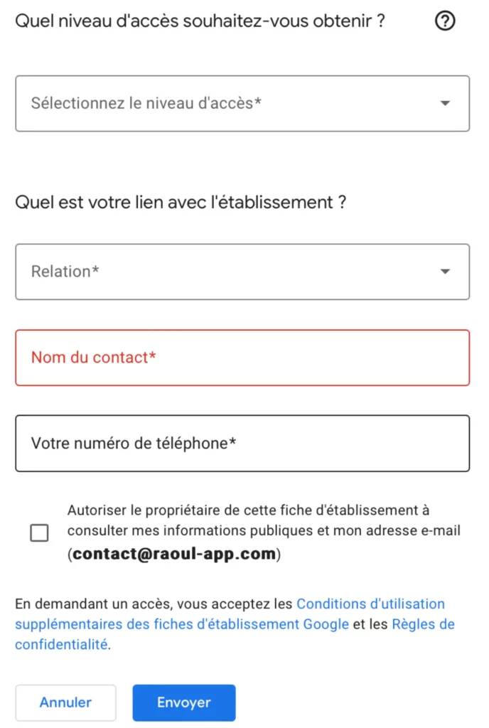 Demande d'accès à une page Google Business Profile