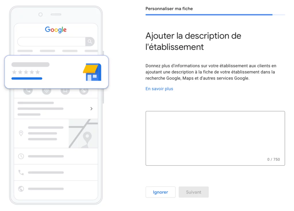 Ajout de la description pour créer une page Google Business Profile