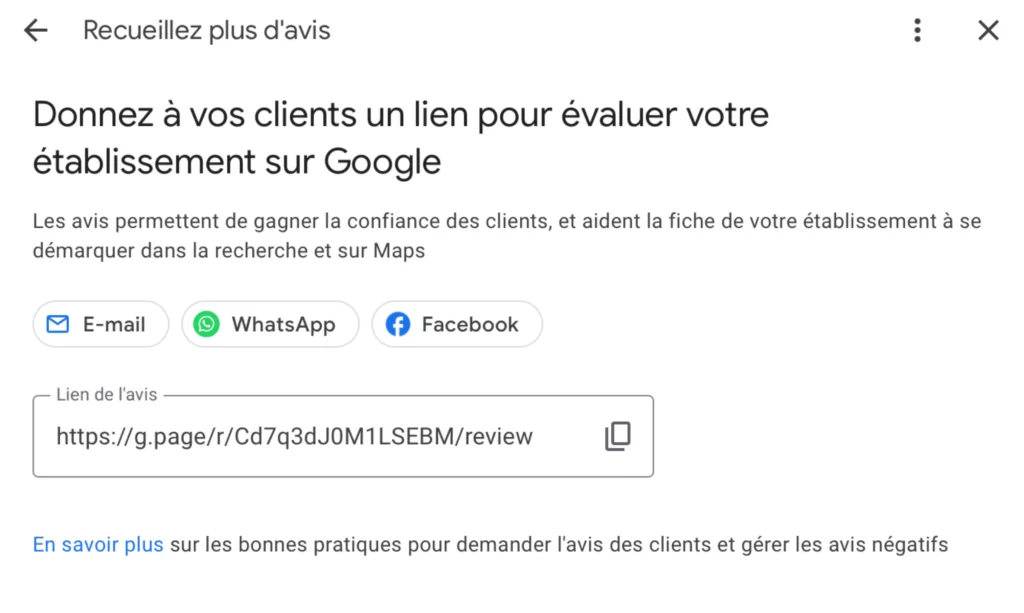 Visibilité Google Business Profile Lien pour recueillir plus d'avis