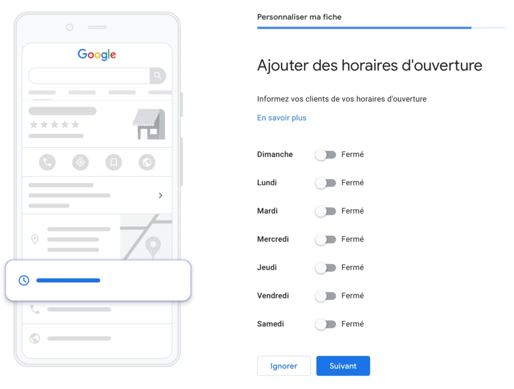 Ajout des horaires pour créer une page Google Business Profile