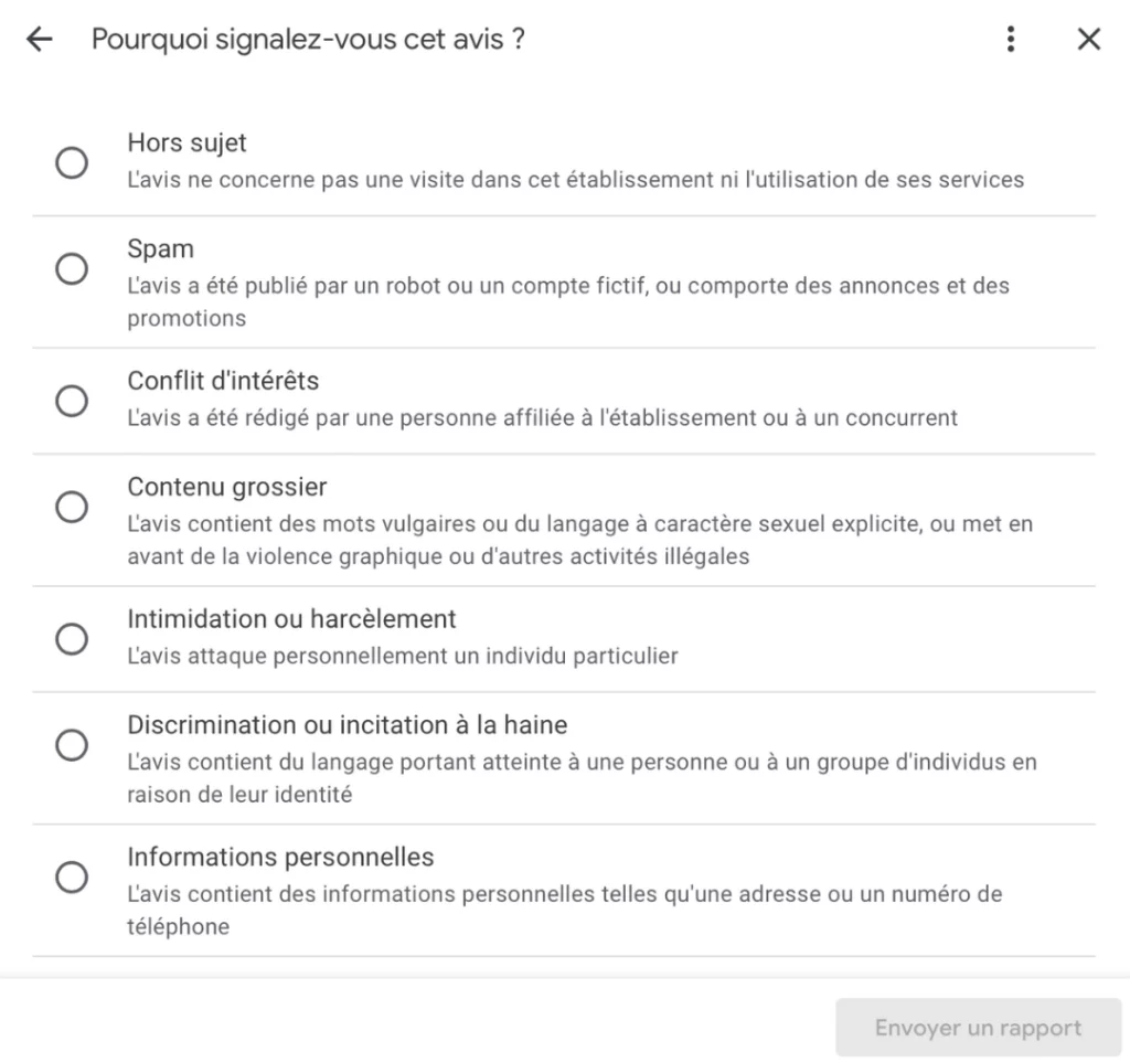 Raison de signaler un avis pour supprimer un avis Google Business Profile