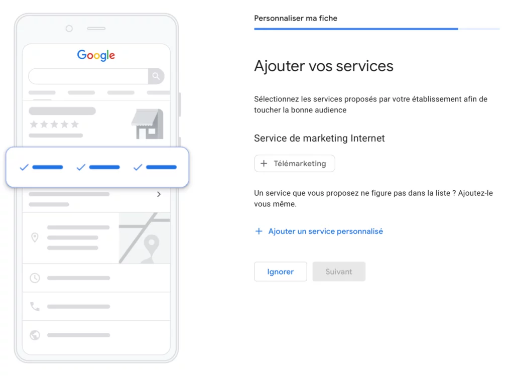Ajout des services pour créer une page Google Business Profile