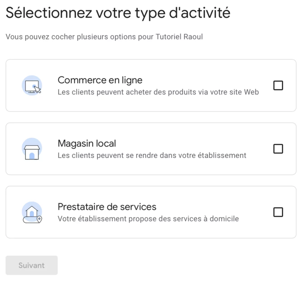 Choix du type d'activité pour créer une page Google Business Profile