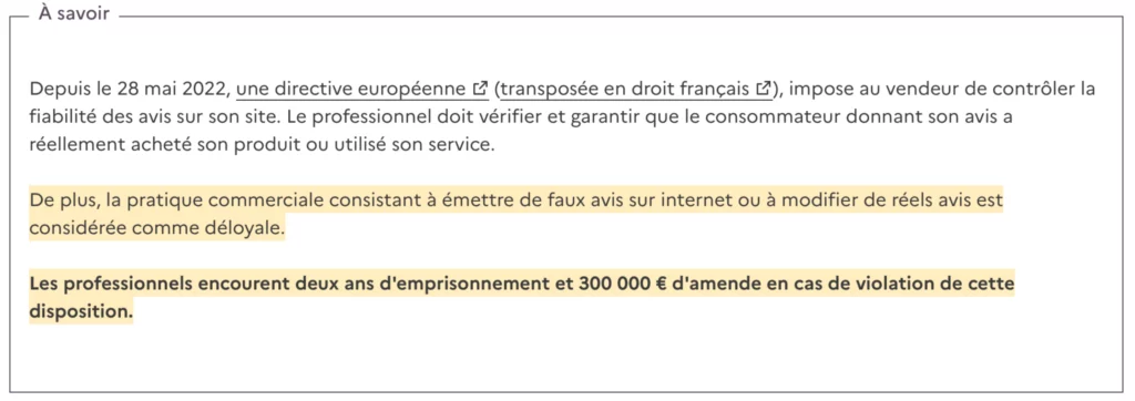 Loi Française interdiction et peine d'acheter des faux avis Google