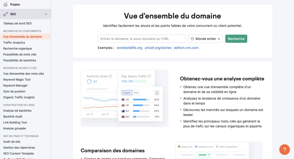 Accueil de Semrush pour suivre et analyser son positionnement SEO